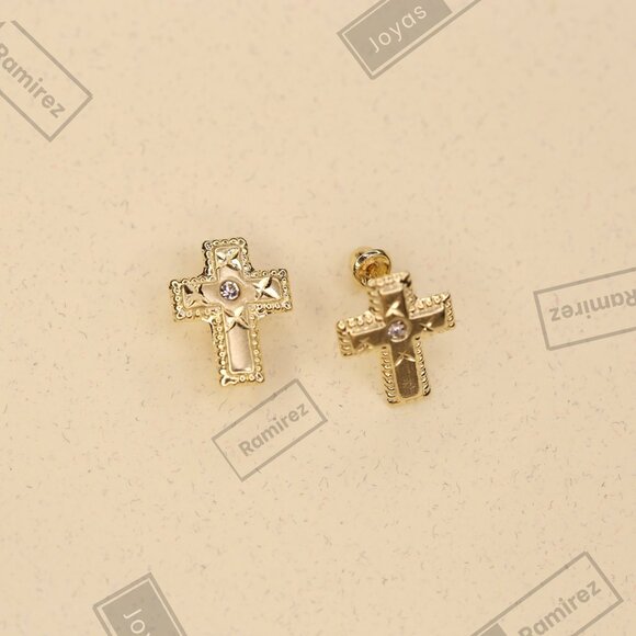 14K Yellow Gold Cross Earrings Religious Dangle Textured Design Fine Jewelry. - Picture 3 of 7